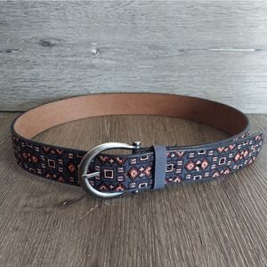 NEW Lucky Brand Boho Embroidered Geometric Navy Leather Belt Small